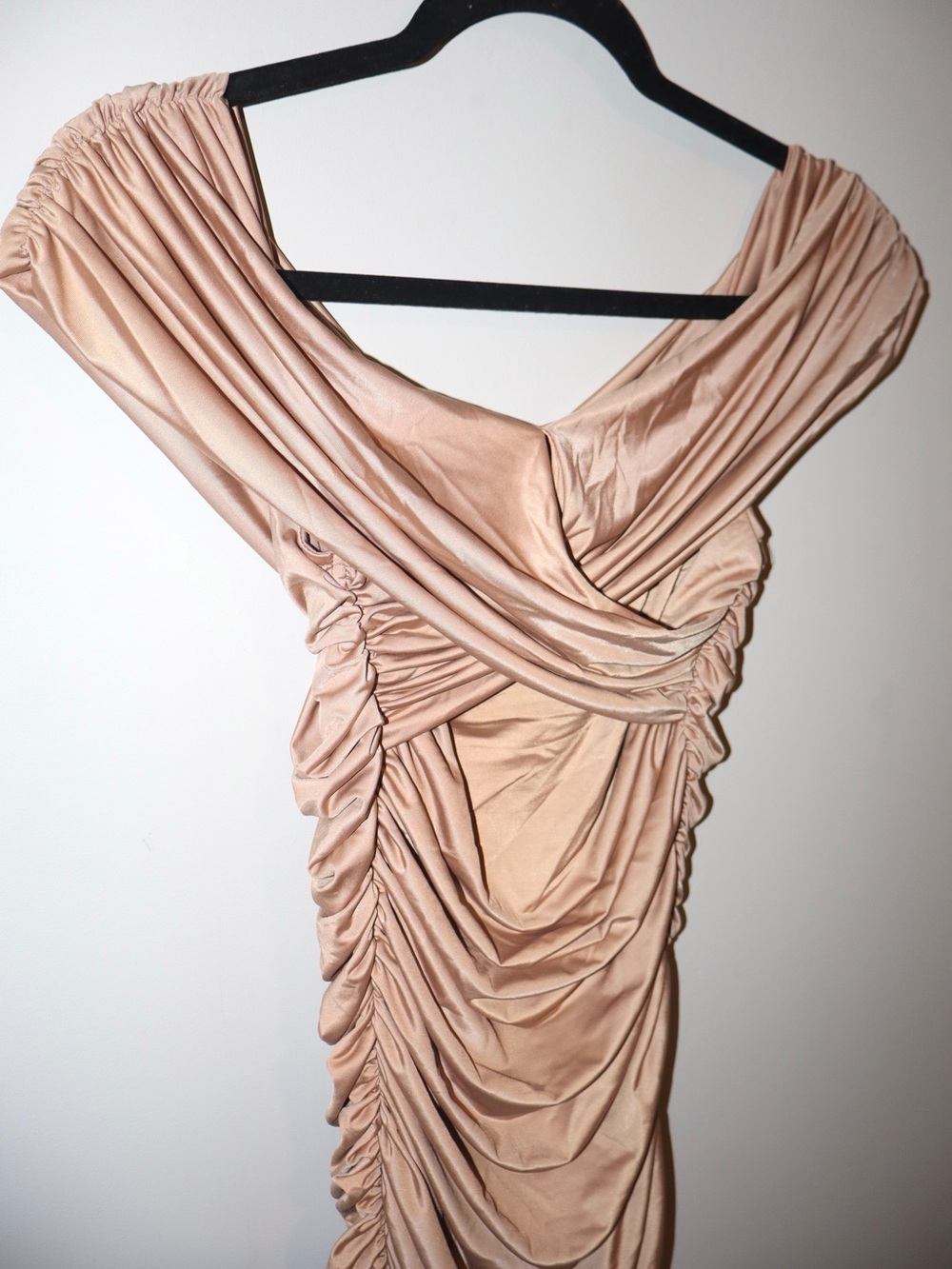 Off Shoulder Ruched Dress - Beige